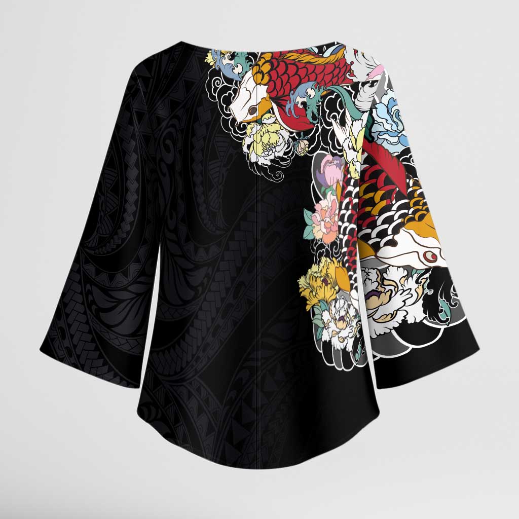 Hawaiian and Japanese Together Kimono Sleeve Blouse Colorful Traditional Japanese Tattoo and Kakau Pattern Black Color LT03 - Polynesian Pride