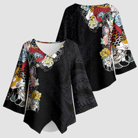Hawaiian and Japanese Together Kimono Sleeve Blouse Colorful Traditional Japanese Tattoo and Kakau Pattern Black Color LT03 - Polynesian Pride