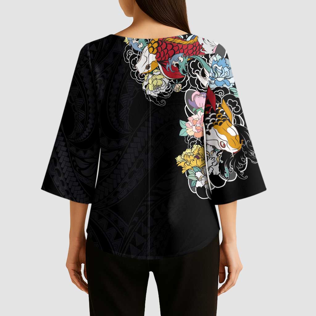 Hawaiian and Japanese Together Kimono Sleeve Blouse Colorful Traditional Japanese Tattoo and Kakau Pattern Black Color LT03 - Polynesian Pride