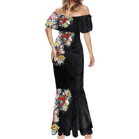 Hawaiian and Japanese Together Mermaid Dress Colorful Traditional Japanese Tattoo and Kakau Pattern Black Color LT03 - Polynesian Pride