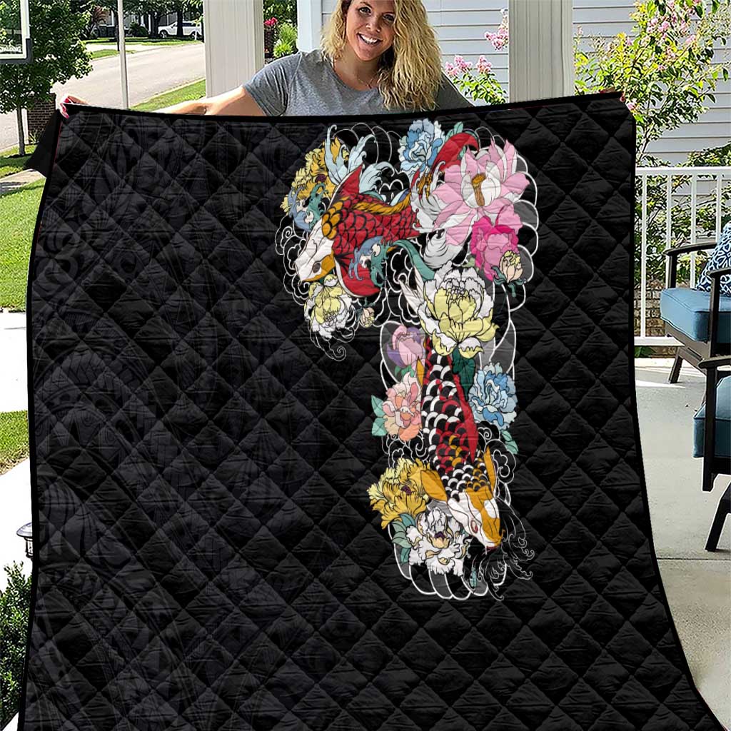 Hawaiian and Japanese Together Quilt Colorful Traditional Japanese Tattoo and Kakau Pattern Black Color