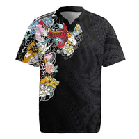 Hawaiian and Japanese Together Rugby Jersey Colorful Traditional Japanese Tattoo and Kakau Pattern Black Color