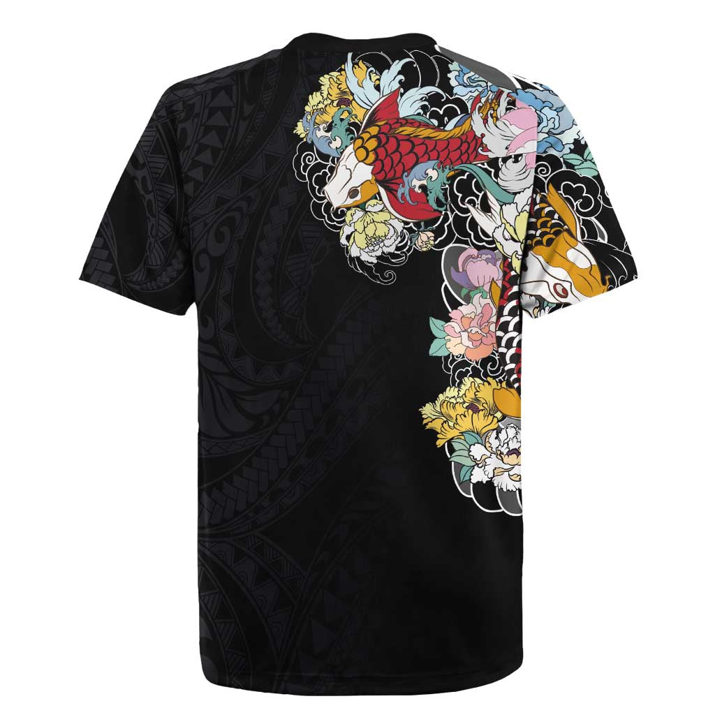 Hawaiian and Japanese Together Rugby Jersey Colorful Traditional Japanese Tattoo and Kakau Pattern Black Color