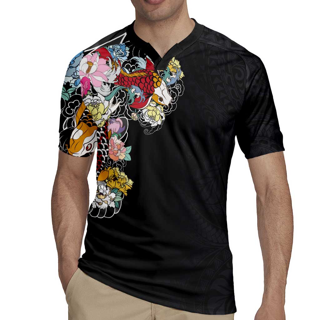 Hawaiian and Japanese Together Rugby Jersey Colorful Traditional Japanese Tattoo and Kakau Pattern Black Color