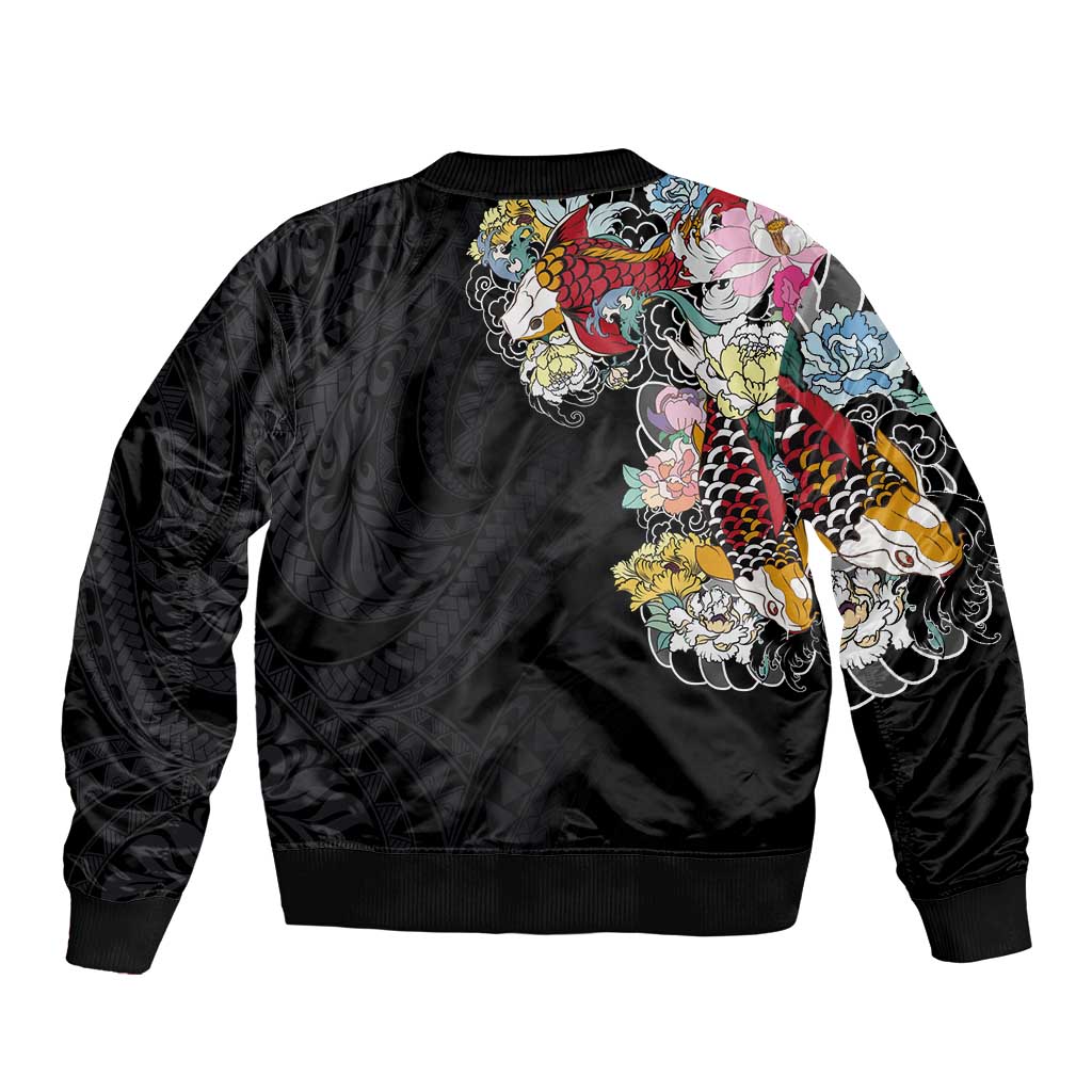 Hawaiian and Japanese Together Sleeve Zip Bomber Jacket Colorful Traditional Japanese Tattoo and Kakau Pattern Black Color
