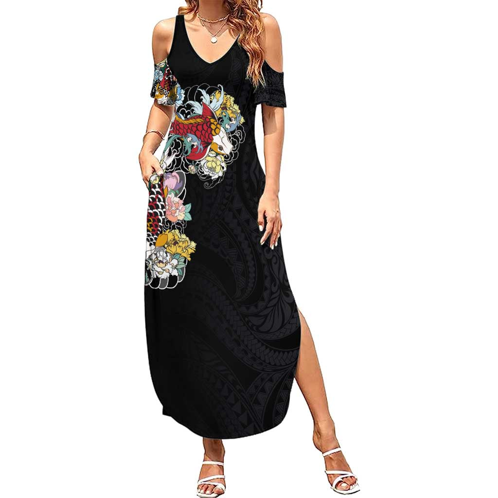 Hawaiian and Japanese Together Summer Maxi Dress Colorful Traditional Japanese Tattoo and Kakau Pattern Black Color