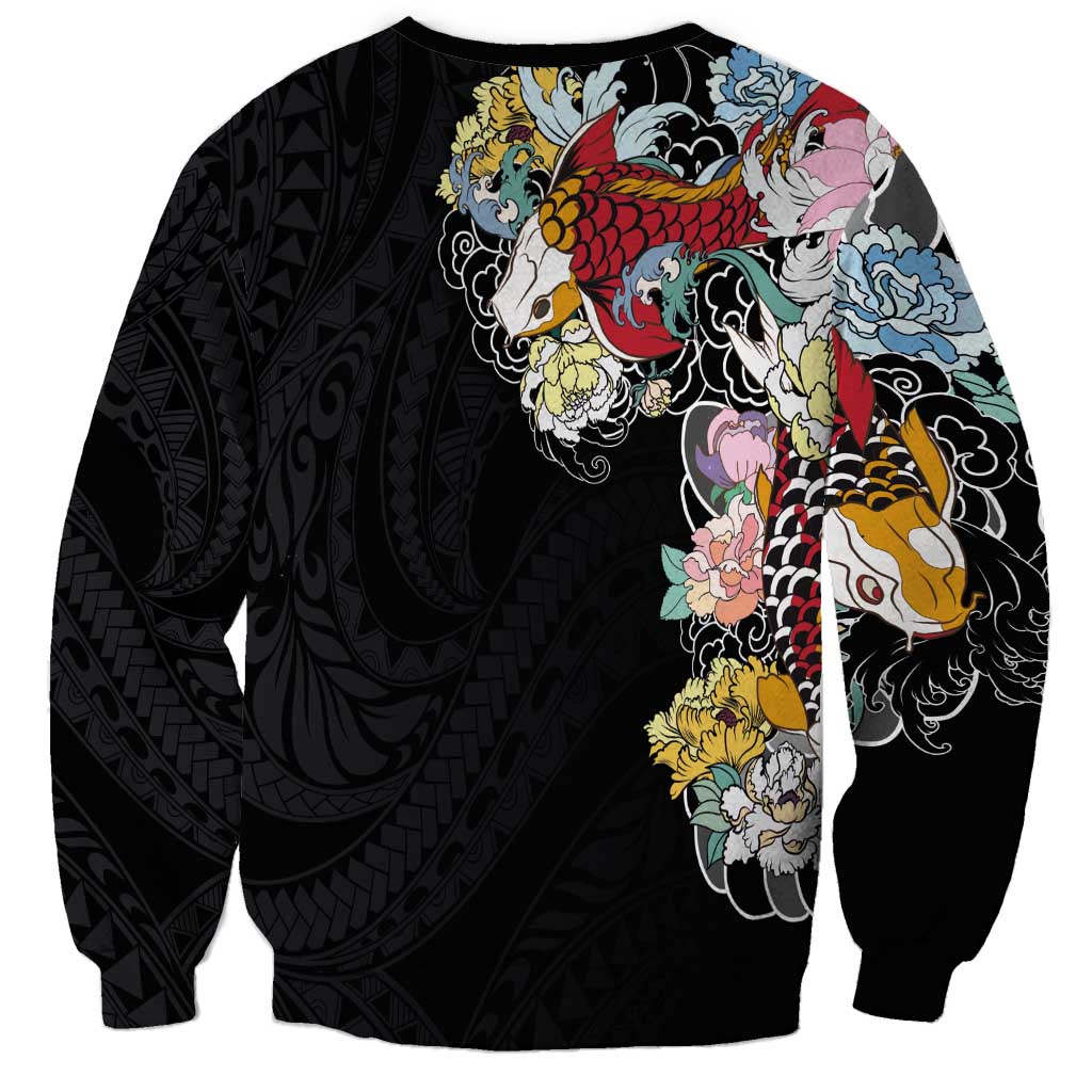 Hawaiian and Japanese Together Sweatshirt Colorful Traditional Japanese Tattoo and Kakau Pattern Black Color