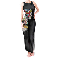 Hawaiian and Japanese Together Tank Maxi Dress Colorful Traditional Japanese Tattoo and Kakau Pattern Black Color