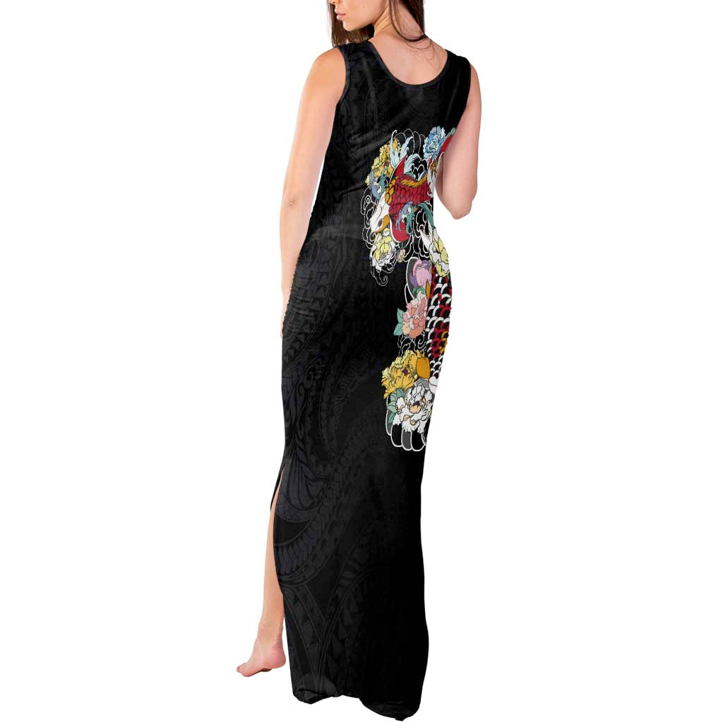 Hawaiian and Japanese Together Tank Maxi Dress Colorful Traditional Japanese Tattoo and Kakau Pattern Black Color