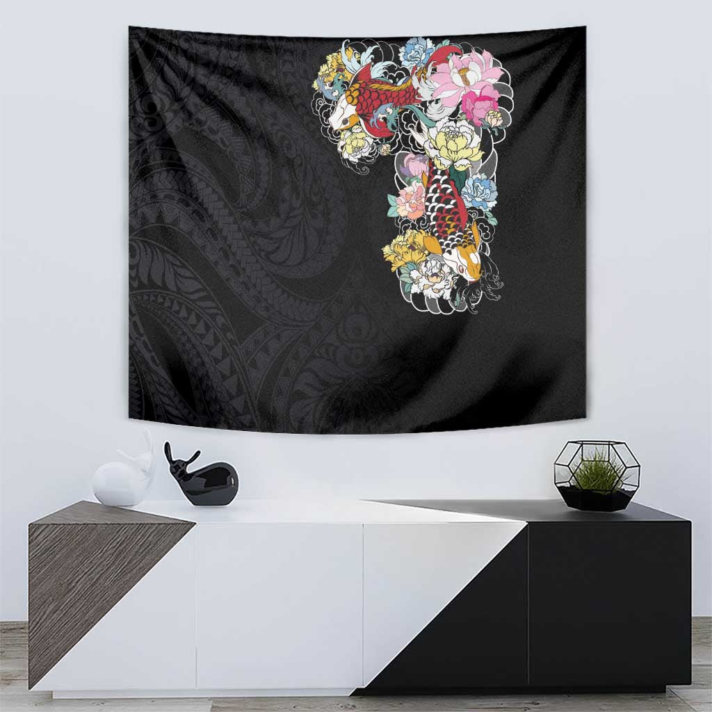 Hawaiian and Japanese Together Tapestry Colorful Traditional Japanese Tattoo and Kakau Pattern Black Color