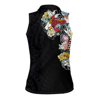 Hawaiian and Japanese Together Women Sleeveless Polo Shirt Colorful Traditional Japanese Tattoo and Kakau Pattern Black Color