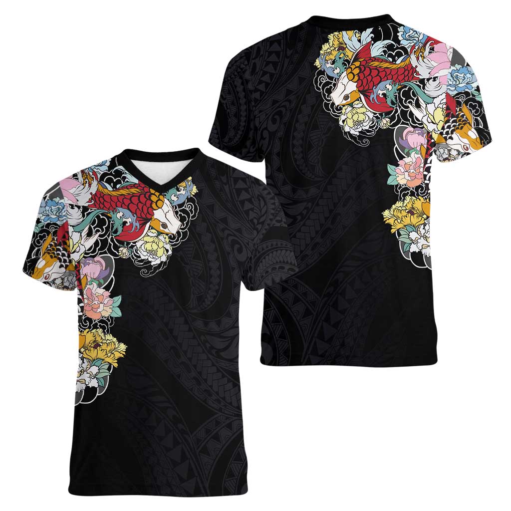 Hawaiian and Japanese Together Women V-Neck T-Shirt Colorful Traditional Japanese Tattoo and Kakau Pattern Black Color
