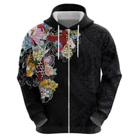 Hawaiian and Japanese Together Zip Hoodie Colorful Traditional Japanese Tattoo and Kakau Pattern Black Color