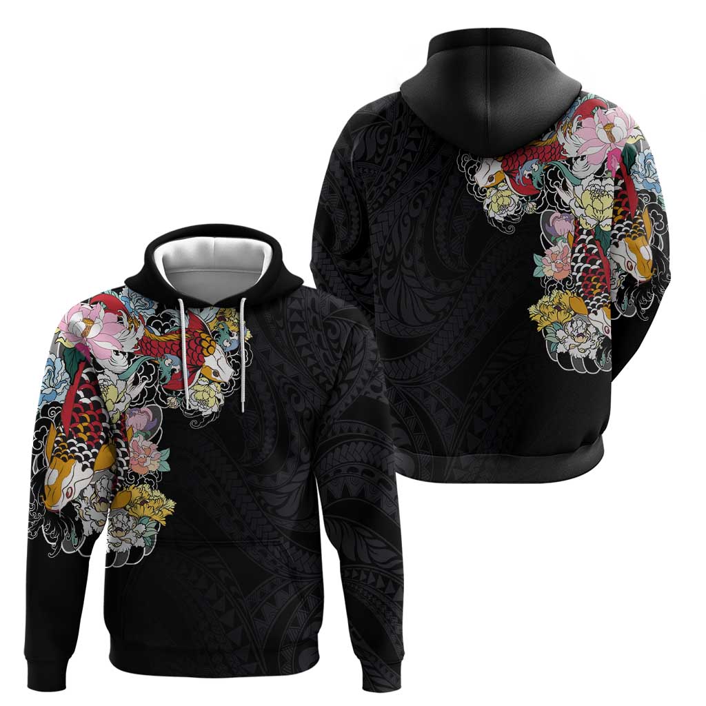 Hawaiian and Japanese Together Zip Hoodie Colorful Traditional Japanese Tattoo and Kakau Pattern Black Color