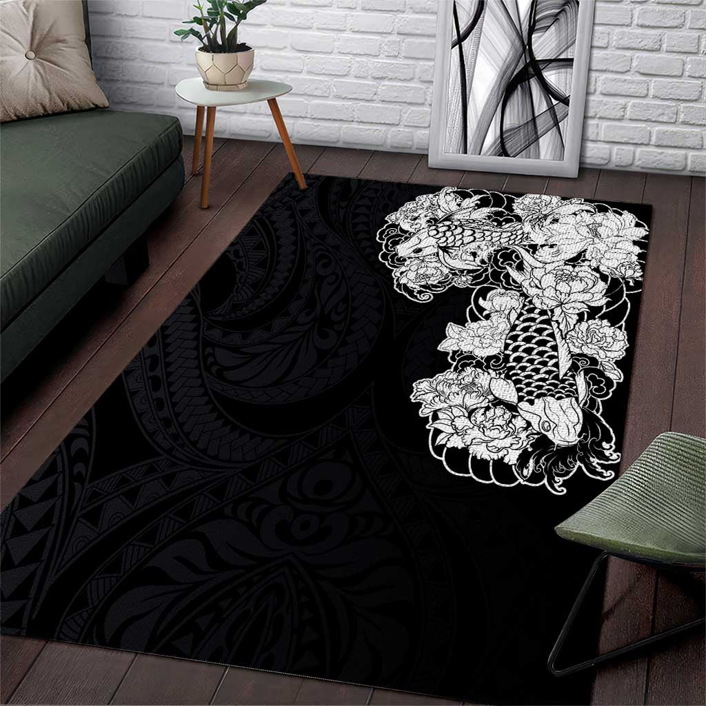 Hawaiian and Japanese Together Area Rug Japanese Koi Fish Tattoo and Kakau Pattern Black Color