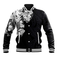 Hawaiian and Japanese Together Baseball Jacket Japanese Koi Fish Tattoo and Kakau Pattern Black Color