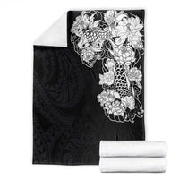 Hawaiian and Japanese Together Blanket Japanese Koi Fish Tattoo and Kakau Pattern Black Color