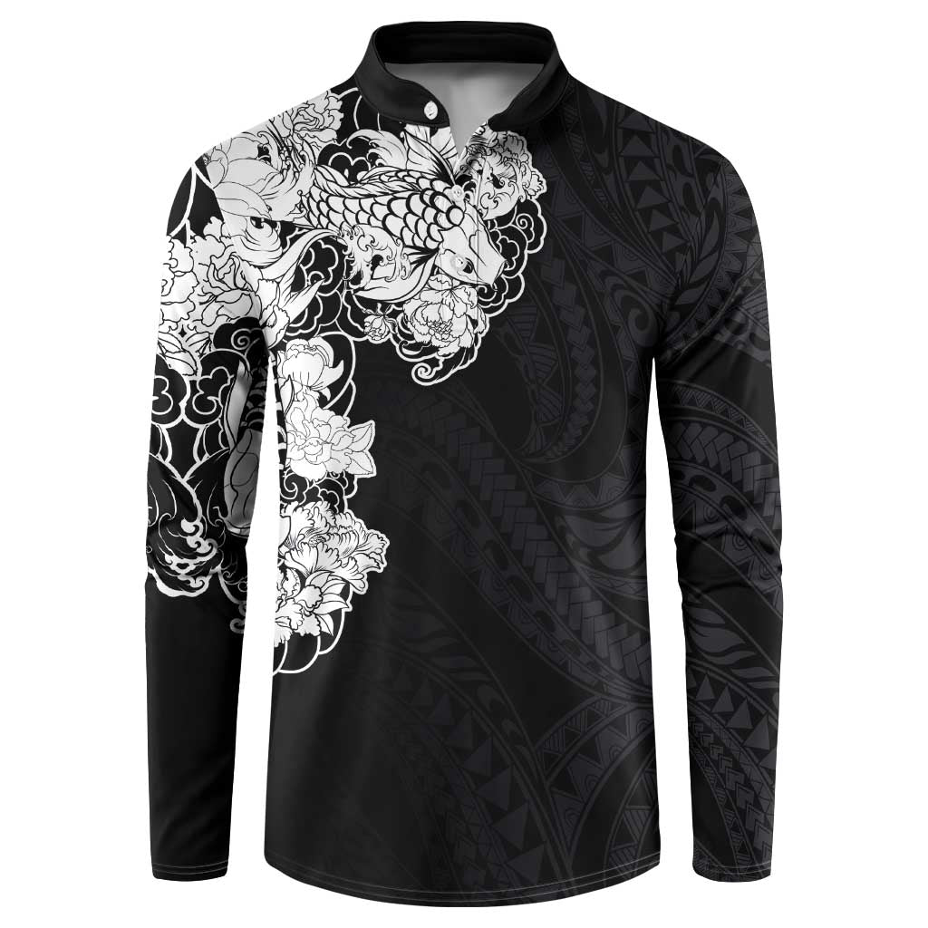 Hawaiian and Japanese Together Button Sweatshirt Japanese Koi Fish Tattoo and Kakau Pattern Black Color