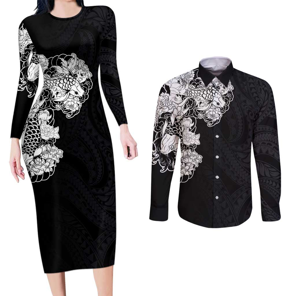 Hawaiian and Japanese Together Couples Matching Long Sleeve Bodycon Dress and Long Sleeve Button Shirt Japanese Koi Fish Tattoo and Kakau Pattern Black Color LT03 Black - Polynesian Pride