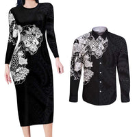 Hawaiian and Japanese Together Couples Matching Long Sleeve Bodycon Dress and Long Sleeve Button Shirt Japanese Koi Fish Tattoo and Kakau Pattern Black Color LT03 Black - Polynesian Pride