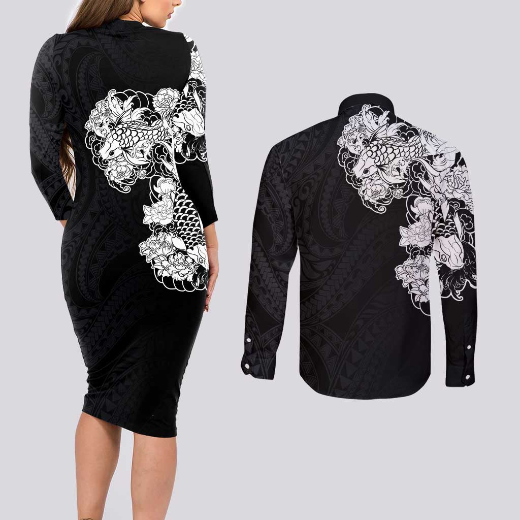 Hawaiian and Japanese Together Couples Matching Long Sleeve Bodycon Dress and Long Sleeve Button Shirt Japanese Koi Fish Tattoo and Kakau Pattern Black Color LT03 - Polynesian Pride
