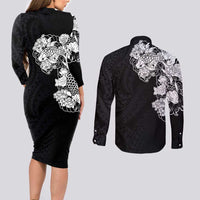 Hawaiian and Japanese Together Couples Matching Long Sleeve Bodycon Dress and Long Sleeve Button Shirt Japanese Koi Fish Tattoo and Kakau Pattern Black Color LT03 - Polynesian Pride