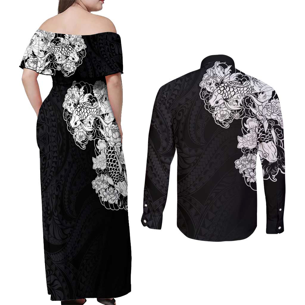 Hawaiian and Japanese Together Couples Matching Off Shoulder Maxi Dress and Long Sleeve Button Shirt Japanese Koi Fish Tattoo and Kakau Pattern Black Color