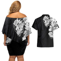 Hawaiian and Japanese Together Couples Matching Off Shoulder Short Dress and Hawaiian Shirt Japanese Koi Fish Tattoo and Kakau Pattern Black Color