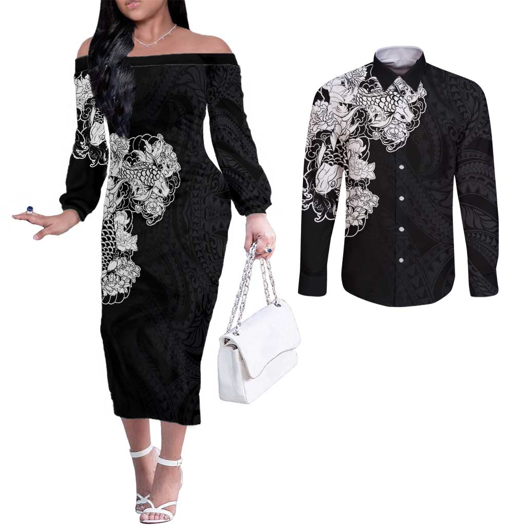 Hawaiian and Japanese Together Couples Matching Off The Shoulder Long Sleeve Dress and Long Sleeve Button Shirt Japanese Koi Fish Tattoo and Kakau Pattern Black Color
