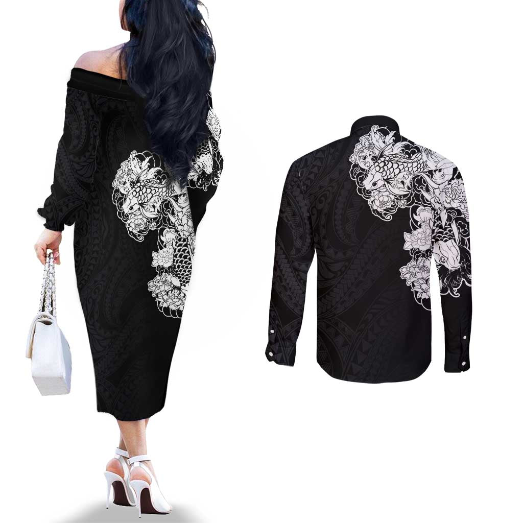 Hawaiian and Japanese Together Couples Matching Off The Shoulder Long Sleeve Dress and Long Sleeve Button Shirt Japanese Koi Fish Tattoo and Kakau Pattern Black Color
