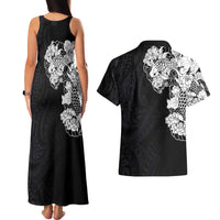 Hawaiian and Japanese Together Couples Matching Tank Maxi Dress and Hawaiian Shirt Japanese Koi Fish Tattoo and Kakau Pattern Black Color