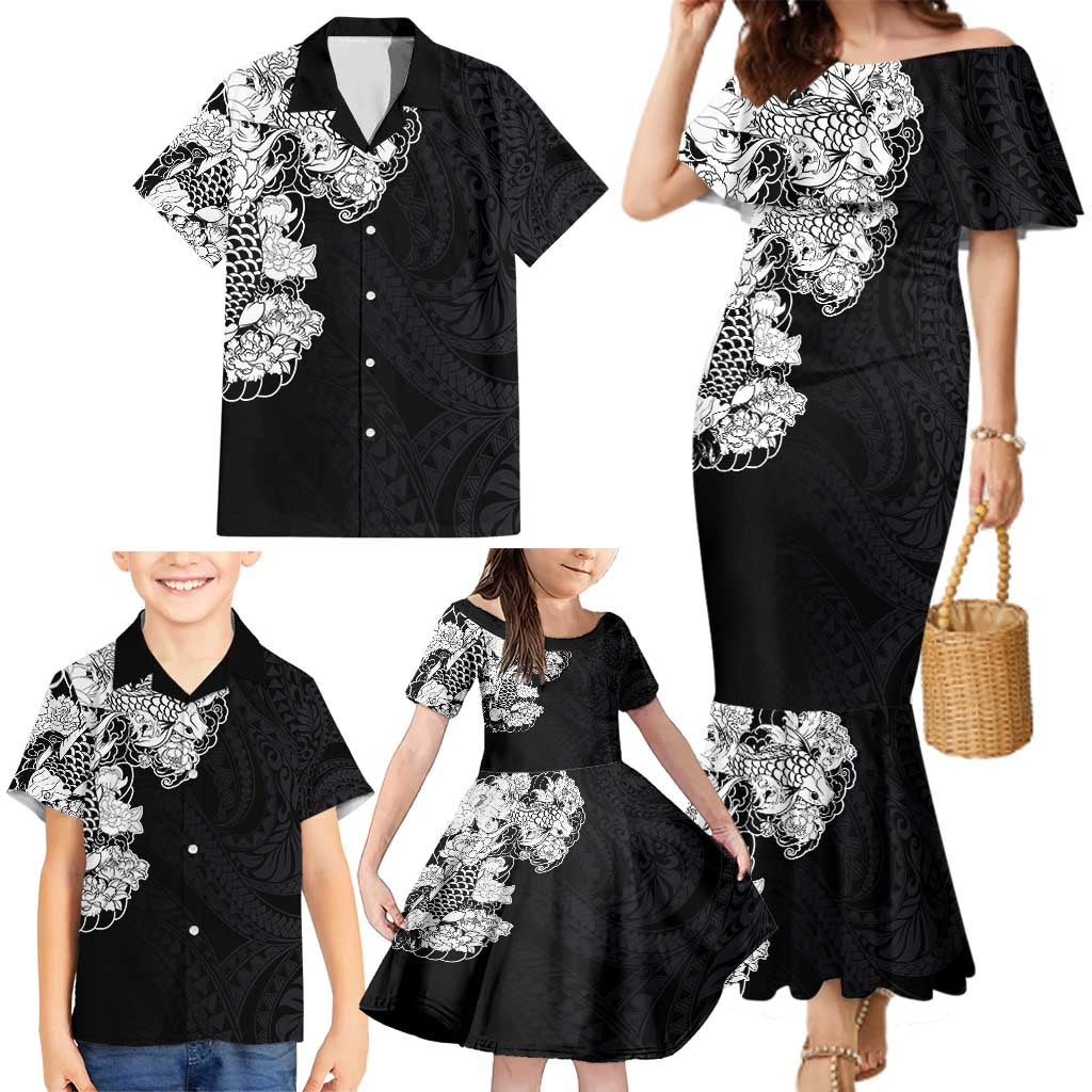 Hawaiian and Japanese Together Family Matching Mermaid Dress and Hawaiian Shirt Japanese Koi Fish Tattoo and Kakau Pattern Black Color