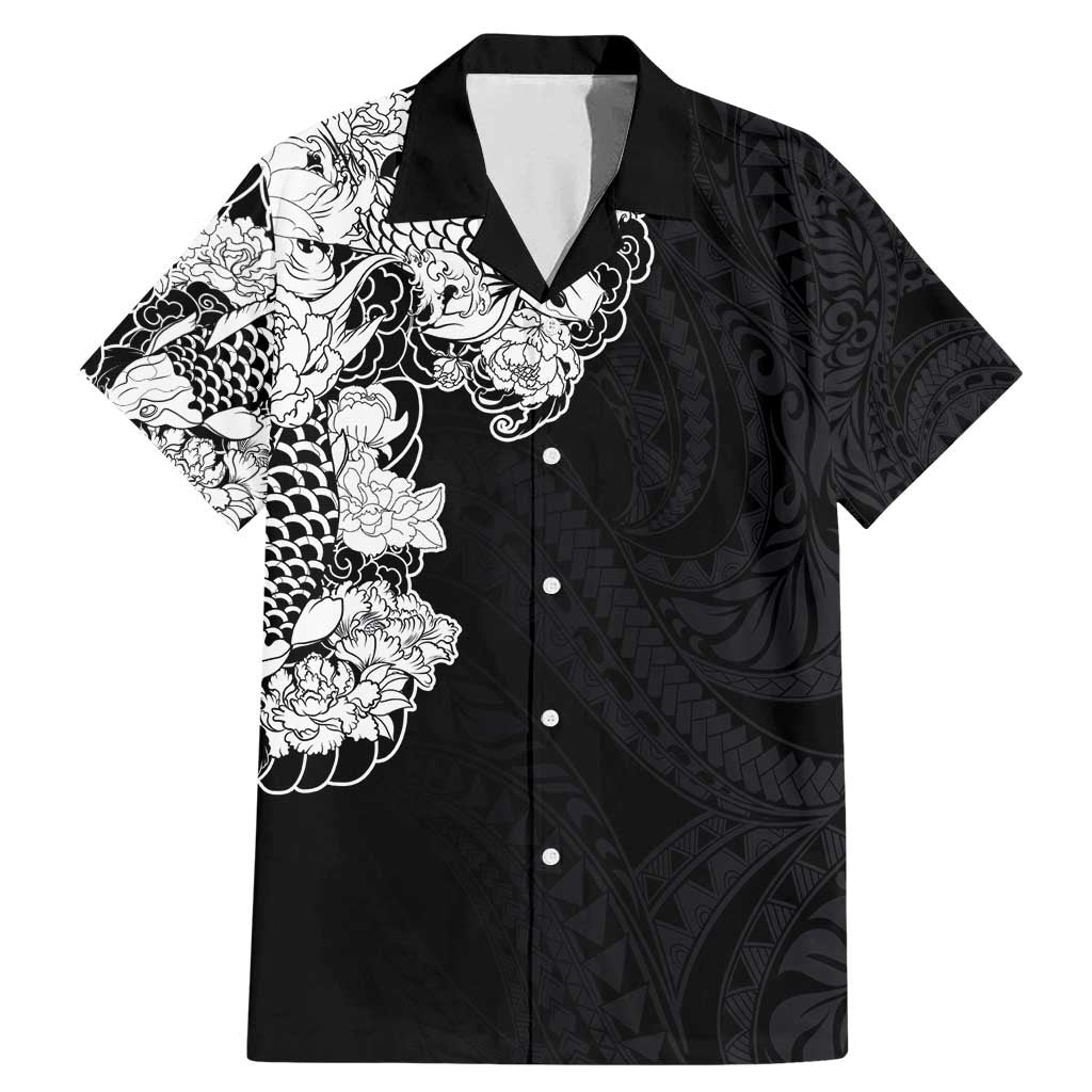 Hawaiian and Japanese Together Family Matching Mermaid Dress and Hawaiian Shirt Japanese Koi Fish Tattoo and Kakau Pattern Black Color
