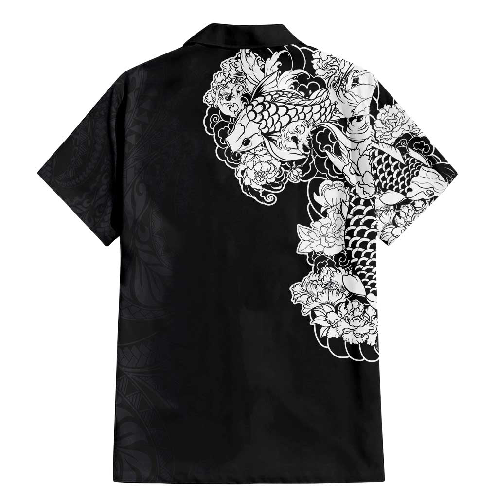 Hawaiian and Japanese Together Family Matching Mermaid Dress and Hawaiian Shirt Japanese Koi Fish Tattoo and Kakau Pattern Black Color