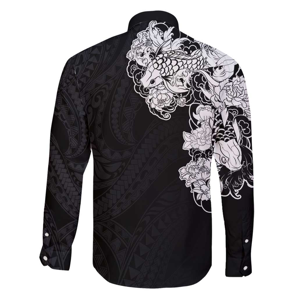 Hawaiian and Japanese Together Family Matching Mermaid Dress and Hawaiian Shirt Japanese Koi Fish Tattoo and Kakau Pattern Black Color