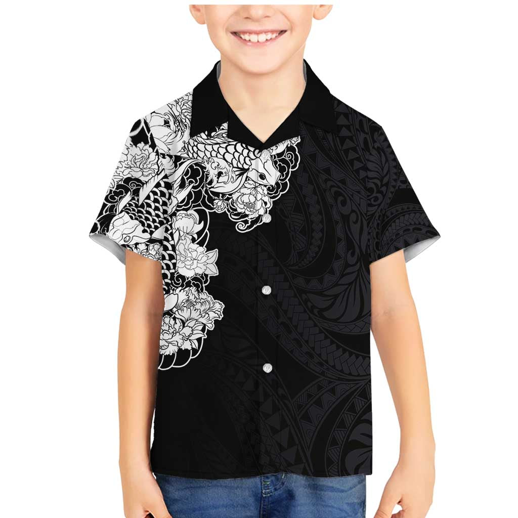 Hawaiian and Japanese Together Family Matching Mermaid Dress and Hawaiian Shirt Japanese Koi Fish Tattoo and Kakau Pattern Black Color