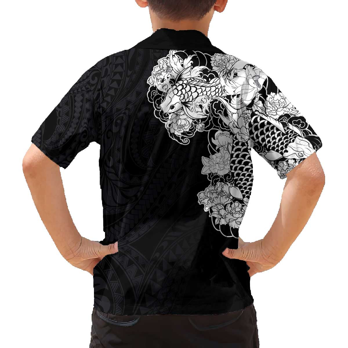 Hawaiian and Japanese Together Family Matching Puletasi and Hawaiian Shirt Japanese Koi Fish Tattoo and Kakau Pattern Black Color LT03 - Polynesian Pride