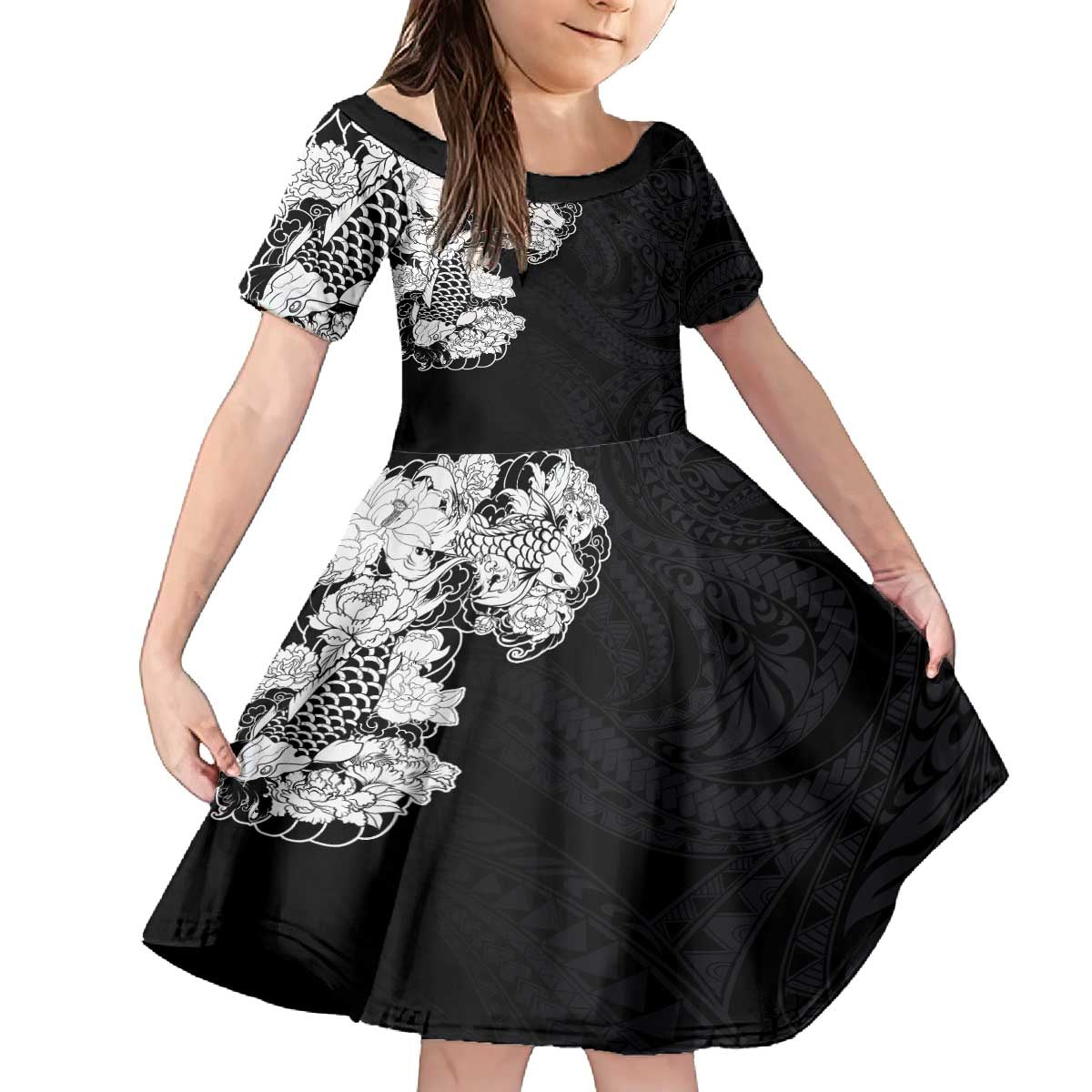 Hawaiian and Japanese Together Family Matching Puletasi and Hawaiian Shirt Japanese Koi Fish Tattoo and Kakau Pattern Black Color LT03 Daughter's Dress Black - Polynesian Pride