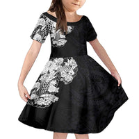 Hawaiian and Japanese Together Family Matching Puletasi and Hawaiian Shirt Japanese Koi Fish Tattoo and Kakau Pattern Black Color LT03 Daughter's Dress Black - Polynesian Pride