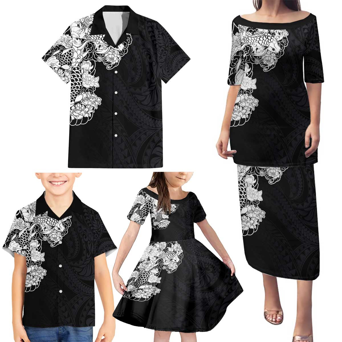 Hawaiian and Japanese Together Family Matching Puletasi and Hawaiian Shirt Japanese Koi Fish Tattoo and Kakau Pattern Black Color LT03 - Polynesian Pride