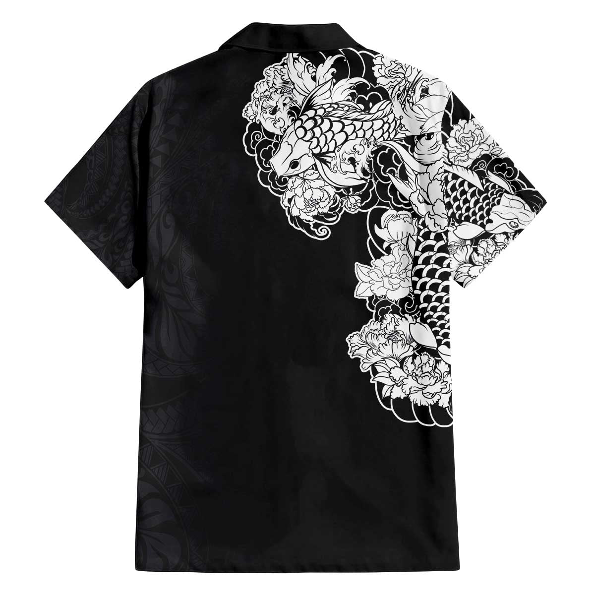 Hawaiian and Japanese Together Family Matching Puletasi and Hawaiian Shirt Japanese Koi Fish Tattoo and Kakau Pattern Black Color LT03 - Polynesian Pride
