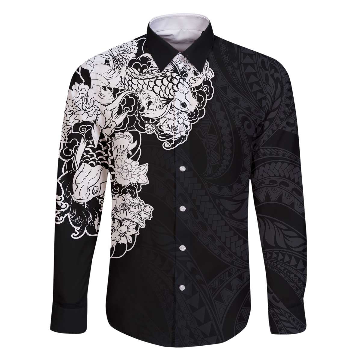 Hawaiian and Japanese Together Family Matching Puletasi and Hawaiian Shirt Japanese Koi Fish Tattoo and Kakau Pattern Black Color LT03 Dad's Shirt - Long Sleeve Black - Polynesian Pride