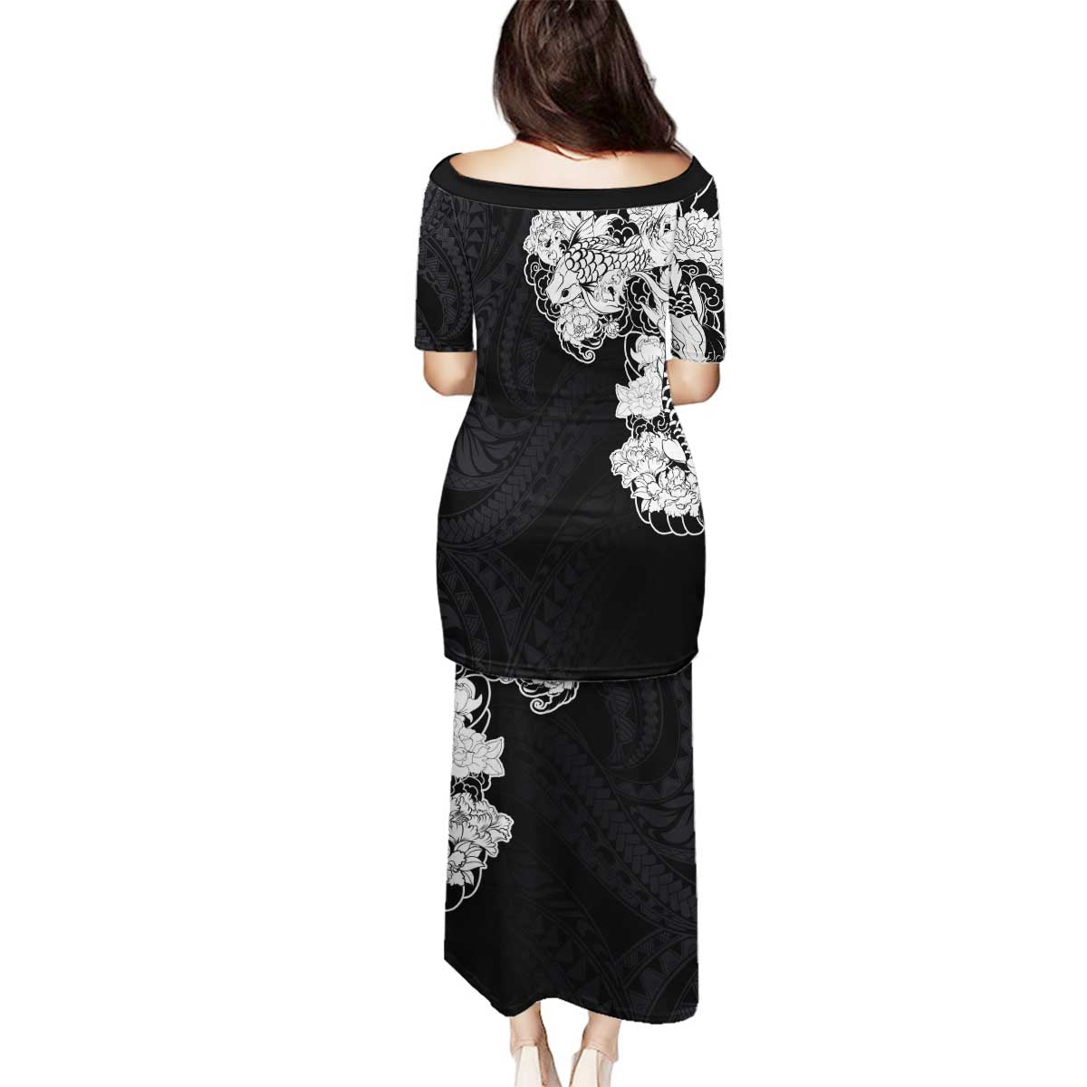Hawaiian and Japanese Together Family Matching Puletasi and Hawaiian Shirt Japanese Koi Fish Tattoo and Kakau Pattern Black Color LT03 - Polynesian Pride