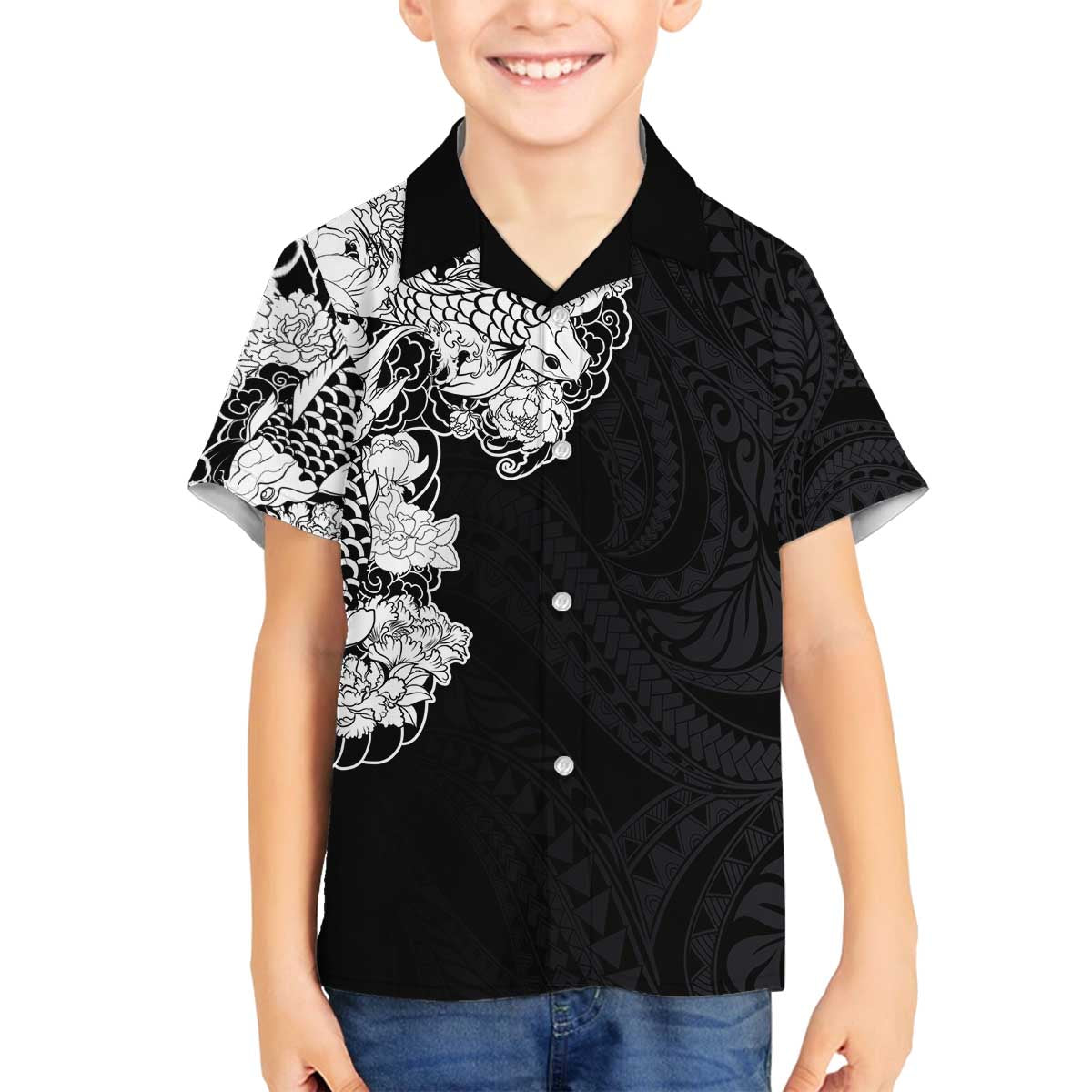 Hawaiian and Japanese Together Family Matching Puletasi and Hawaiian Shirt Japanese Koi Fish Tattoo and Kakau Pattern Black Color LT03 Son's Shirt Black - Polynesian Pride