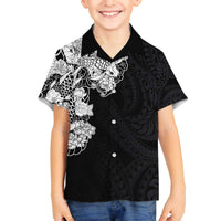 Hawaiian and Japanese Together Family Matching Puletasi and Hawaiian Shirt Japanese Koi Fish Tattoo and Kakau Pattern Black Color LT03 Son's Shirt Black - Polynesian Pride