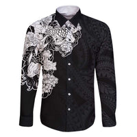 Hawaiian and Japanese Together Family Matching Tank Maxi Dress and Hawaiian Shirt Japanese Koi Fish Tattoo and Kakau Pattern Black Color