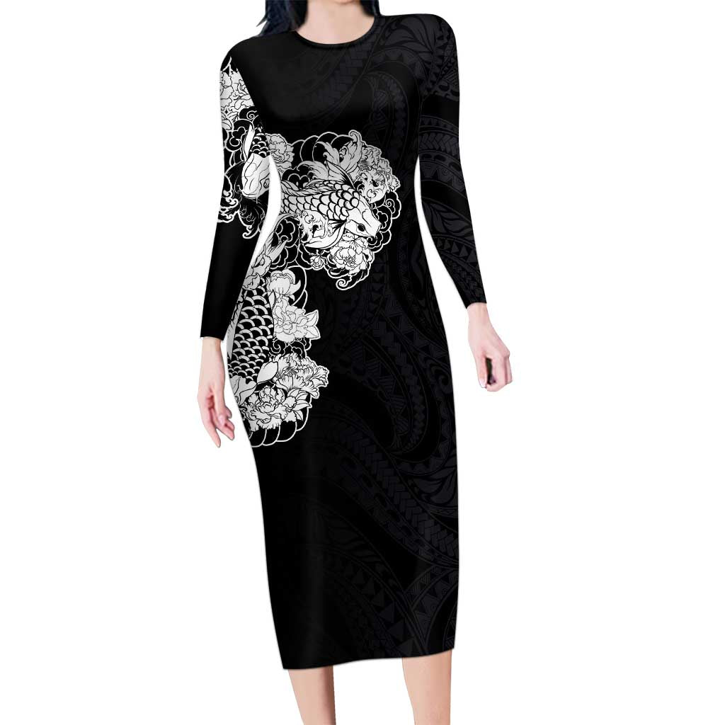 Hawaiian and Japanese Together Long Sleeve Bodycon Dress Japanese Koi Fish Tattoo and Kakau Pattern Black Color LT03 Long Dress Black - Polynesian Pride