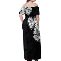 Hawaiian and Japanese Together Off Shoulder Maxi Dress Japanese Koi Fish Tattoo and Kakau Pattern Black Color