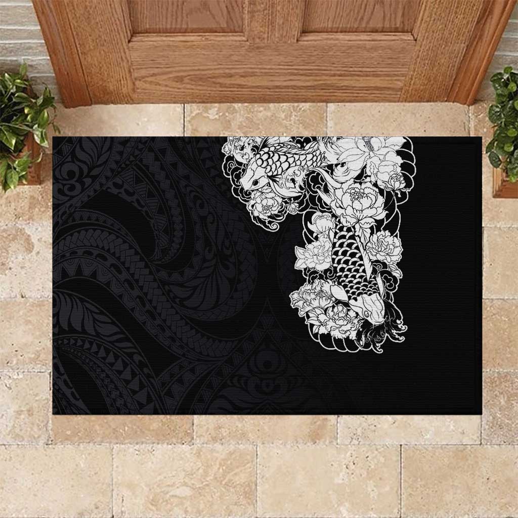 Hawaiian and Japanese Together Rubber Doormat Japanese Koi Fish Tattoo and Kakau Pattern Black Color