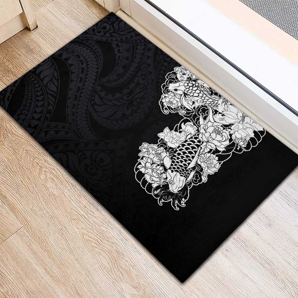 Hawaiian and Japanese Together Rubber Doormat Japanese Koi Fish Tattoo and Kakau Pattern Black Color